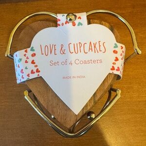 Solid Wood Heart Shape Coaster Set of 4 with Iron Holder for Coffee Table Décor